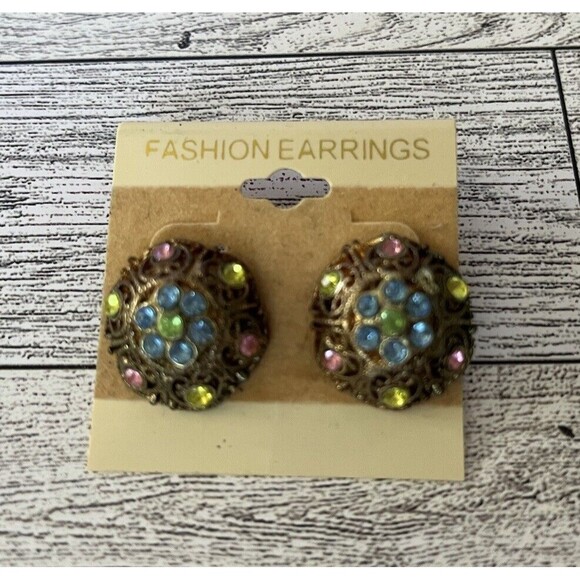 Round Button Multicolor Rhinestone Stud Fashion Earrings - Picture 1 of 4
